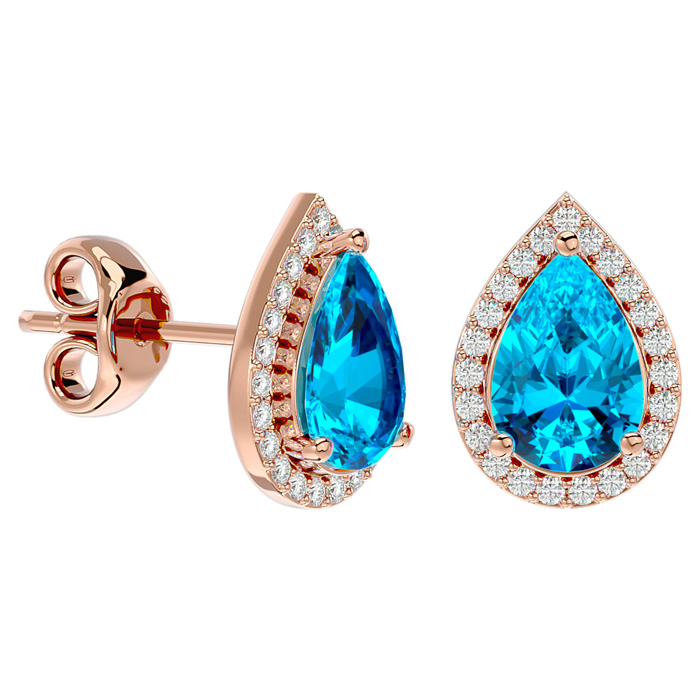 3 1/4 Carat Blue Topaz & Diamond Pear Shape Stud Earrings In 14K Rose Gold (2.60 G), I/J By SuperJeweler