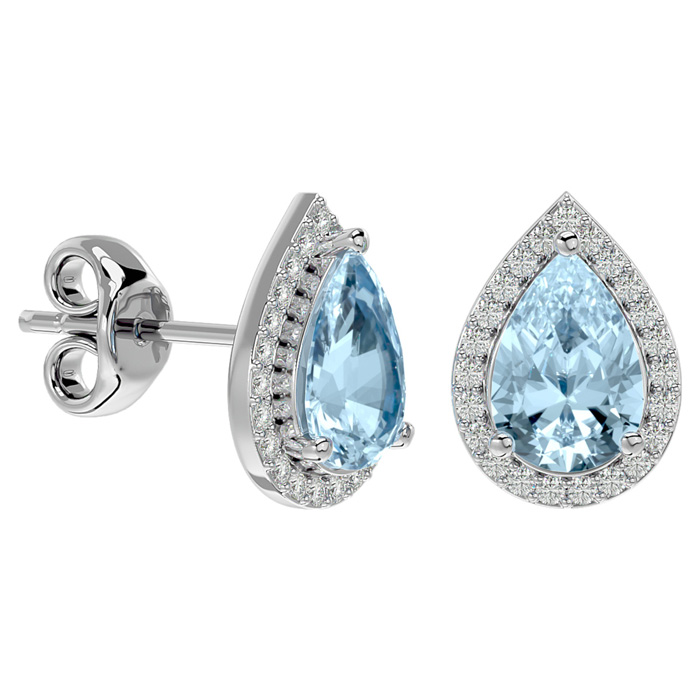 2.5 Carat Aquamarine & Diamond Pear Shape Stud Earrings In 14K White Gold (2.60 G), I/J By SuperJeweler