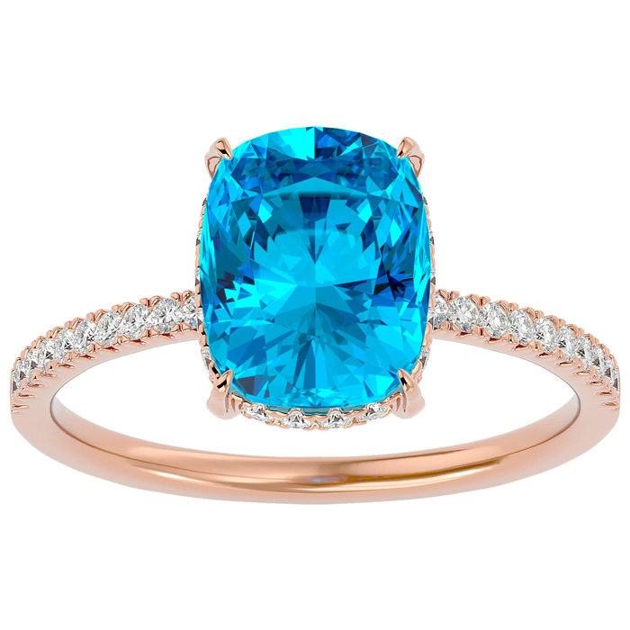 3 3/4 Carat Antique Cushion Cut Blue Topaz & Hidden Halo 32 Diamond Ring in 14K Rose Gold (2.50 g), , Size 4 by SuperJeweler