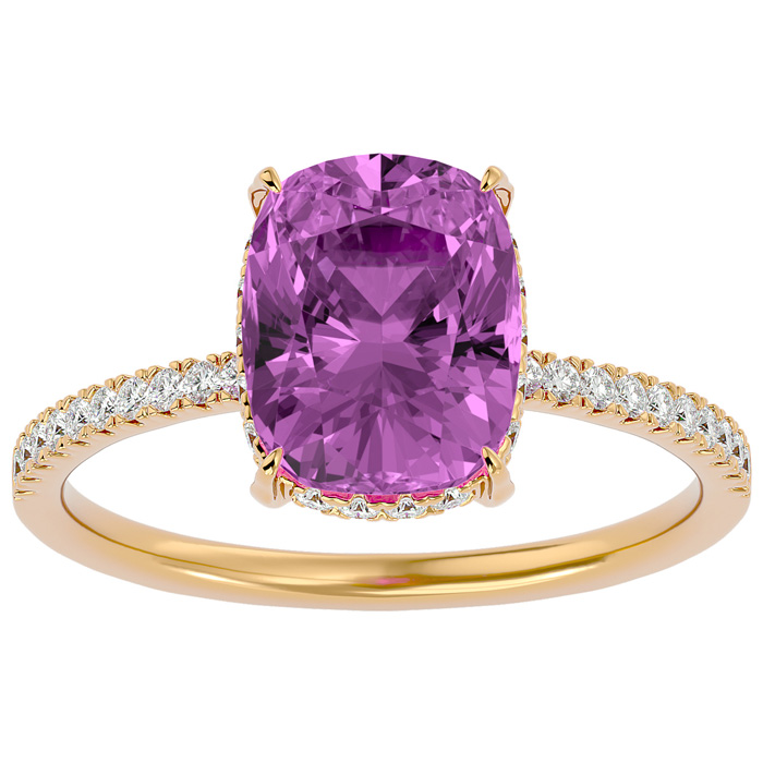 3 3/4 Carat Antique Cushion Cut Pink Topaz & Hidden Halo 32 Diamond Ring in 14K Yellow Gold (2.50 g), , Size 4 by SuperJeweler