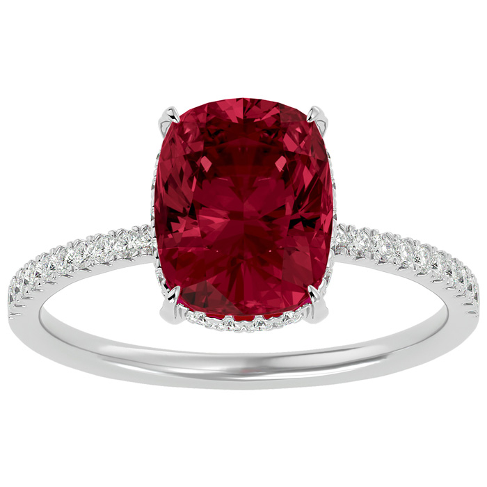 3 3/4 Carat Antique Cushion Cut Garnet & Hidden Halo 32 Diamond Ring in 14K White Gold (2.50 g), , Size 4 by SuperJeweler