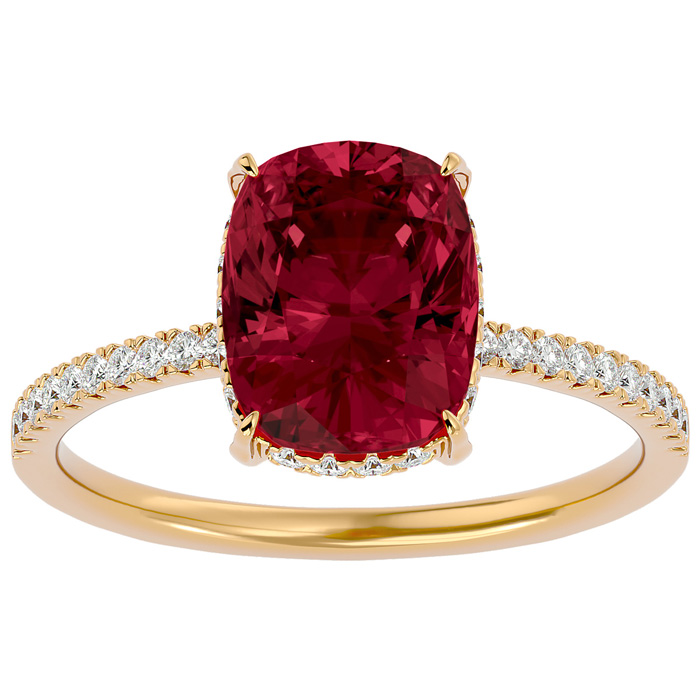 3 3/4 Carat Antique Cushion Cut Garnet & Hidden Halo 32 Diamond Ring in 14K Yellow Gold (2.50 g), , Size 4 by SuperJeweler