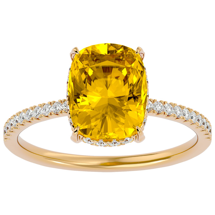 2 3/4 Carat Antique Cushion Cut Citrine & Hidden Halo 32 Diamond Ring in 14K Yellow Gold (2.50 g), , Size 4 by SuperJeweler