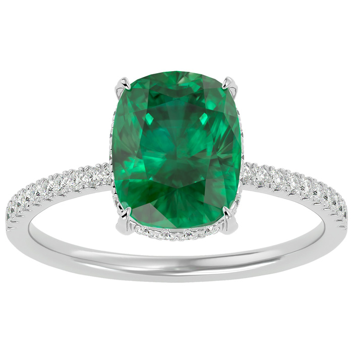 3 1/4 Carat Antique Cushion Cut Emerald Cut & Hidden Halo 32 Diamond Ring in 14K White Gold (2.50 g), , Size 4 by SuperJeweler