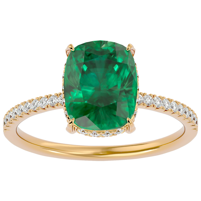 3 1/4 Carat Antique Cushion Cut Emerald Cut & Hidden Halo 32 Diamond Ring in 14K Yellow Gold (2.50 g), , Size 4 by SuperJeweler