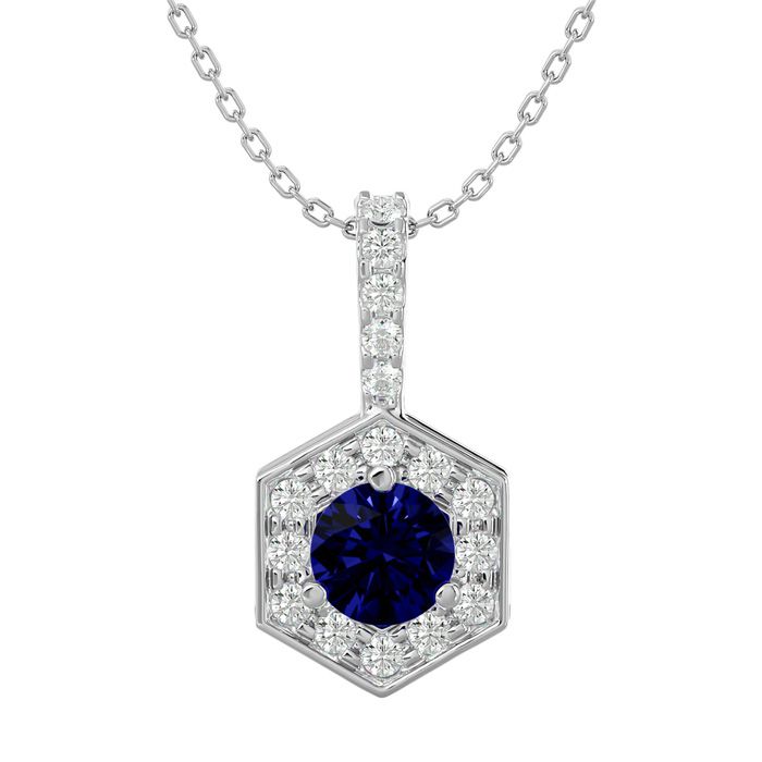 1/2 Carat Sapphire & Halo Diamond Necklace in 14K White Gold (3 g), 18 Inches (, I1-I2) by SuperJeweler