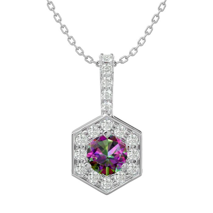 1/2 Carat Mystic Topaz & Halo Diamond Necklace in 14K White Gold (3 g), 18 Inches (, I1-I2) by SuperJeweler