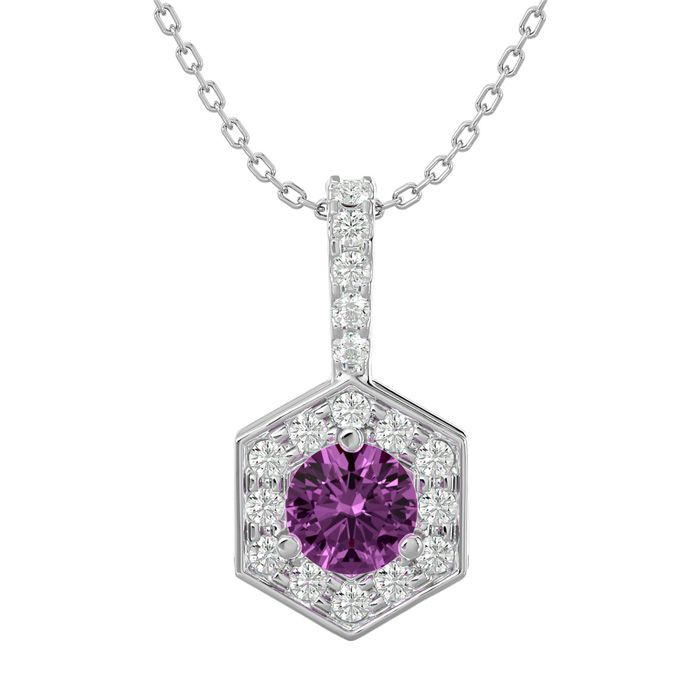 1/2 Carat Pink Topaz & Halo Diamond Necklace in 14K White Gold (3 g), 18 Inches (, I1-I2) by SuperJeweler