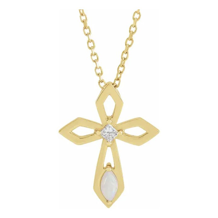 0.05 Carat Diamond & Opal Cross Necklace in 14K Yellow Gold (2.26 g), 16-18 Inches (G-H Color, I1) by SuperJeweler