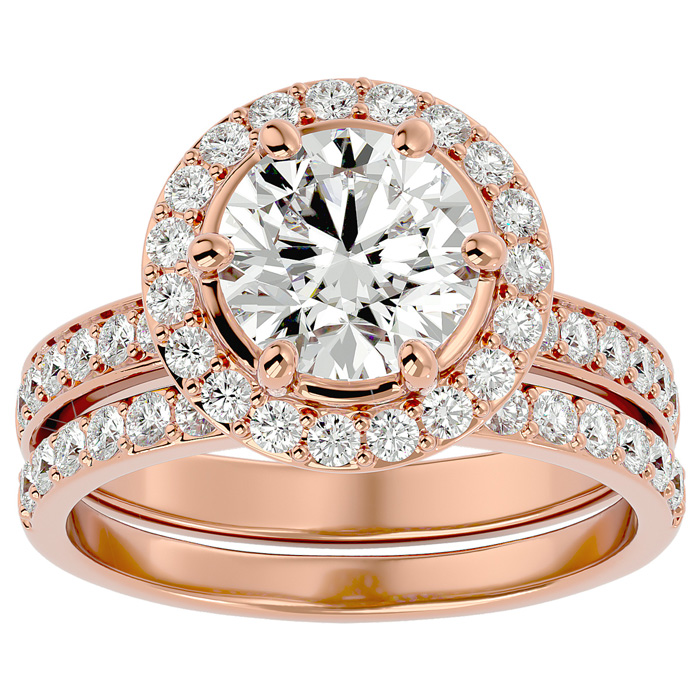 3 Carat Moissanite Halo Bridal Engagement Ring Set in 14K Rose Gold (7.1 g), E/F Color, Size 4 by SuperJeweler