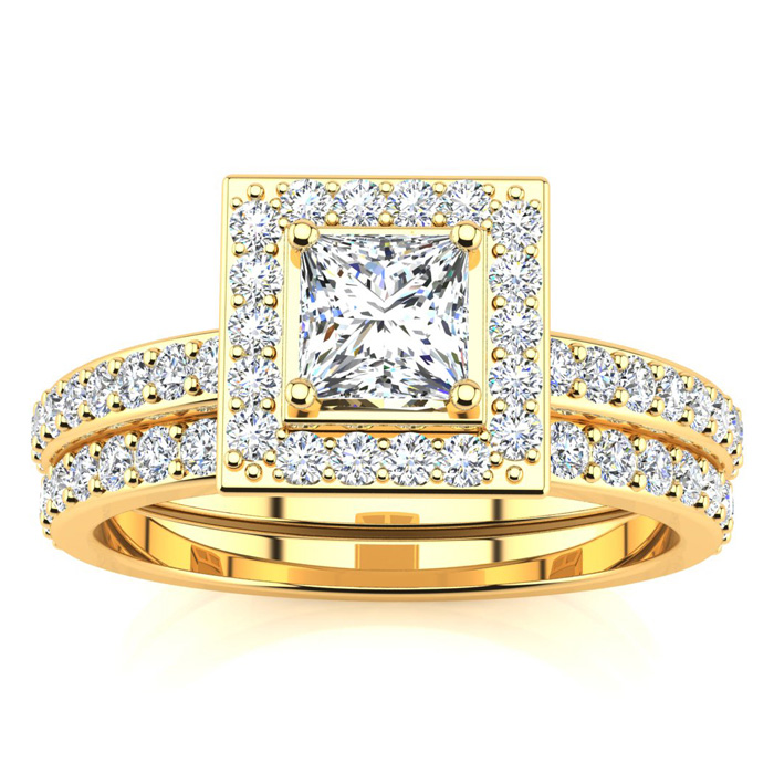 1 Carat Princess Cut Pave Halo Diamond Bridal Engagement Ring Set in 14k Yellow Gold (, SI2-I1) by SuperJeweler