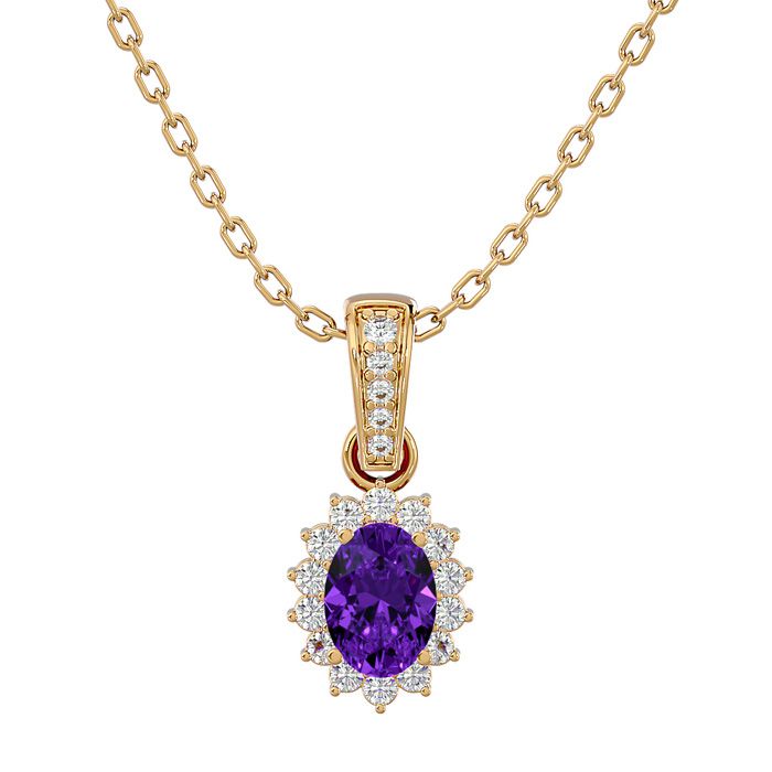 1 Carat Oval Shape Amethyst & Diamond Necklace in 14K Yellow Gold (2 g), 18 Inches (, SI2-I1) by SuperJeweler