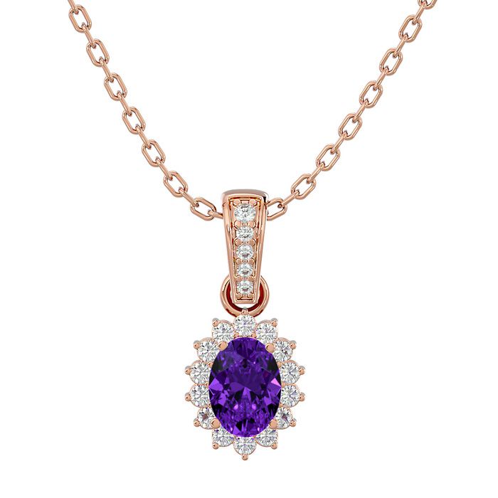 1 Carat Oval Shape Amethyst & Diamond Necklace in 14K Rose Gold (2 g), 18 Inches (, SI2-I1) by SuperJeweler