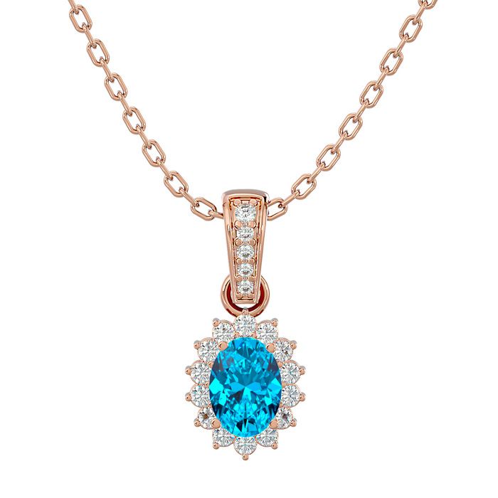 1 1/3 Carat Oval Shape Blue Topaz & Diamond Necklace in 14K Rose Gold (2 g), 18 Inches (, SI2-I1) by SuperJeweler