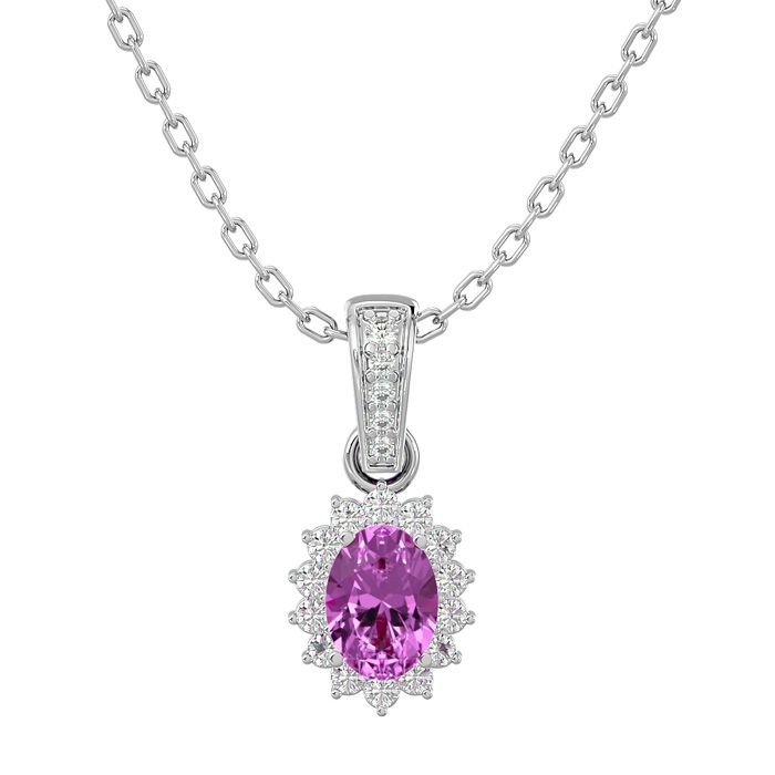 1 1/3 Carat Oval Shape Pink Topaz & Diamond Necklace in 14K White Gold (2 g), 18 Inches (, SI2-I1) by SuperJeweler
