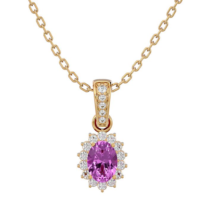 1 1/3 Carat Oval Shape Pink Topaz & Diamond Necklace in 14K Yellow Gold (2 g), 18 Inches (, SI2-I1) by SuperJeweler