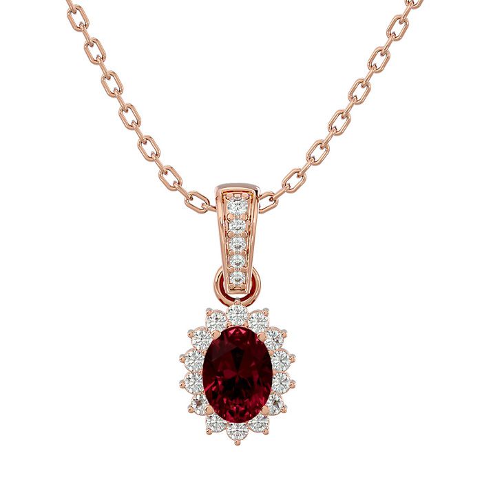 1 1/3 Carat Oval Shape Garnet & Diamond Necklace in 14K Rose Gold (2 g), 18 Inches (, SI2-I1) in Sterling Silver by SuperJeweler