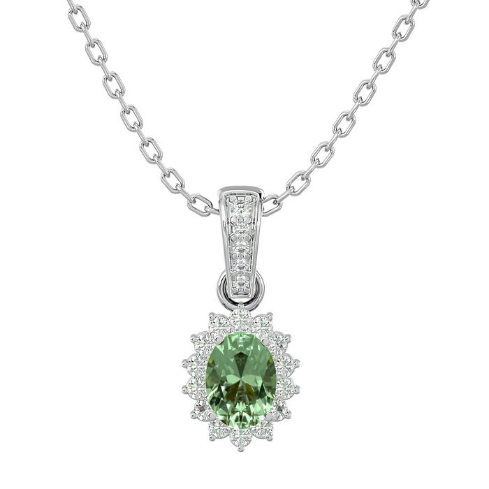 1 Carat Oval Shape Green Amethyst & Diamond Necklace in 14K White Gold (2 g), 18 Inches (, SI2-I1) in Sterling Silver by SuperJeweler