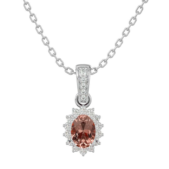 1 Carat Oval Shape Morganite & Diamond Necklace in 14K White Gold (2 g), 18 Inches (, SI2-I1) in Sterling Silver by SuperJeweler