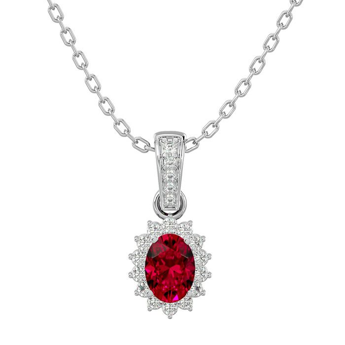 1 1/3 Carat Oval Shape Ruby & Diamond Necklace in 14K White Gold (2 g), 18 Inches (, SI2-I1) in Sterling Silver by SuperJeweler