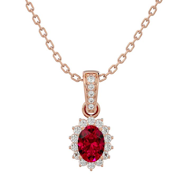 1 1/3 Carat Oval Shape Ruby & Diamond Necklace in 14K Rose Gold (2 g), 18 Inches (, SI2-I1) in Sterling Silver by SuperJeweler