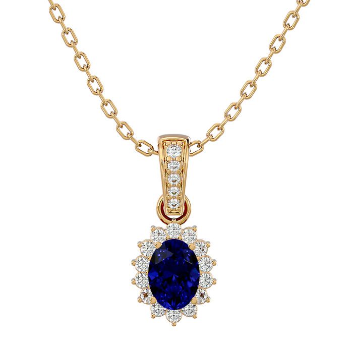 1 1/3 Carat Oval Shape Sapphire & Diamond Necklace in 14K Yellow Gold (2 g), 18 Inches (, SI2-I1) in Sterling Silver by SuperJeweler