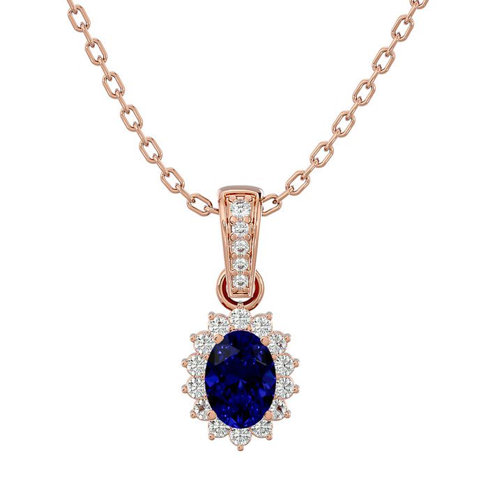 1 1/3 Carat Oval Shape Sapphire & Diamond Necklace in 14K Rose Gold (2 g), 18 Inches (, SI2-I1) in Sterling Silver by SuperJeweler