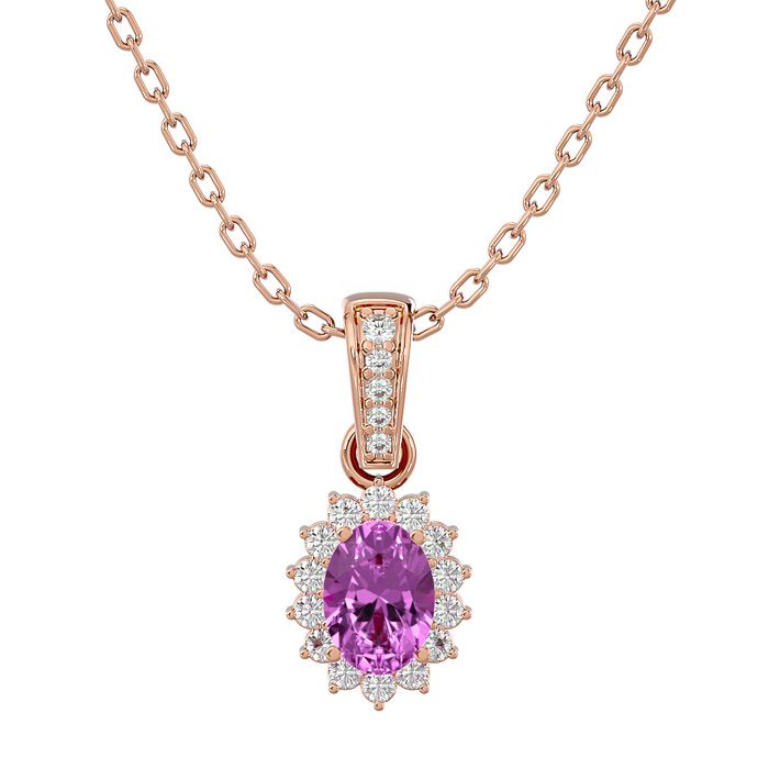 1 1/3 Carat Oval Shape Pink Topaz & Diamond Necklace in 14K Rose Gold (2 g), 18 Inches (, SI2-I1) in Sterling Silver by SuperJeweler