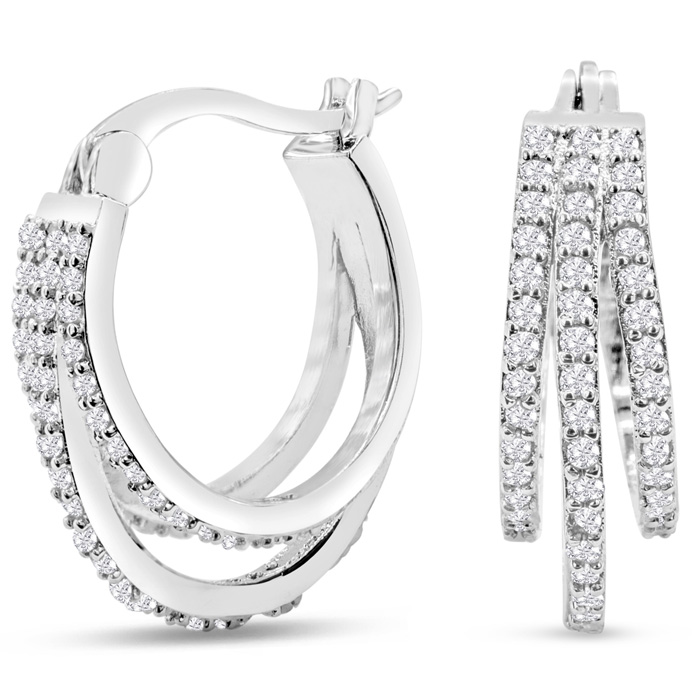1/2 Carat Triple Diamond Hoop Earrings in Platinum Overlay,  by SuperJeweler