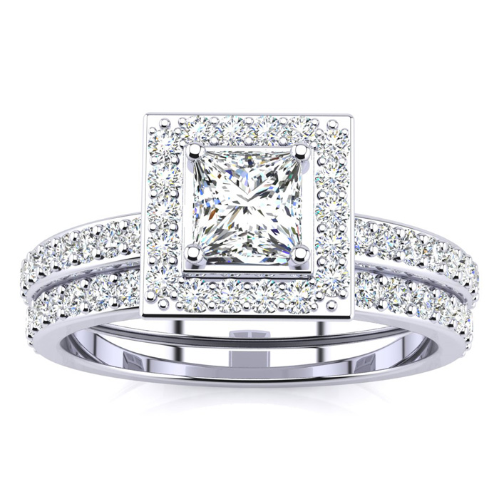 Previously Owned 1 Carat Princess Cut Pave Halo Diamond Bridal Ring Set in 14k White Gold, , Size 6 by SuperJeweler