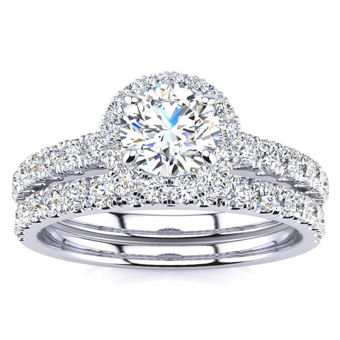 Previously Owned 1 Carat Floating Pave Halo Diamond Bridal Ring Set in 14k White Gold (5.5 g), Size 4 ( by SuperJeweler