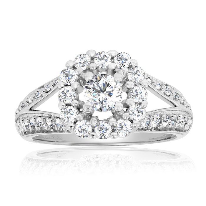 Previously Owned 1 Carat Split Shank Halo Diamond Engagement Ring in 14K White Gold, G-H Color, Size 8 by SuperJeweler