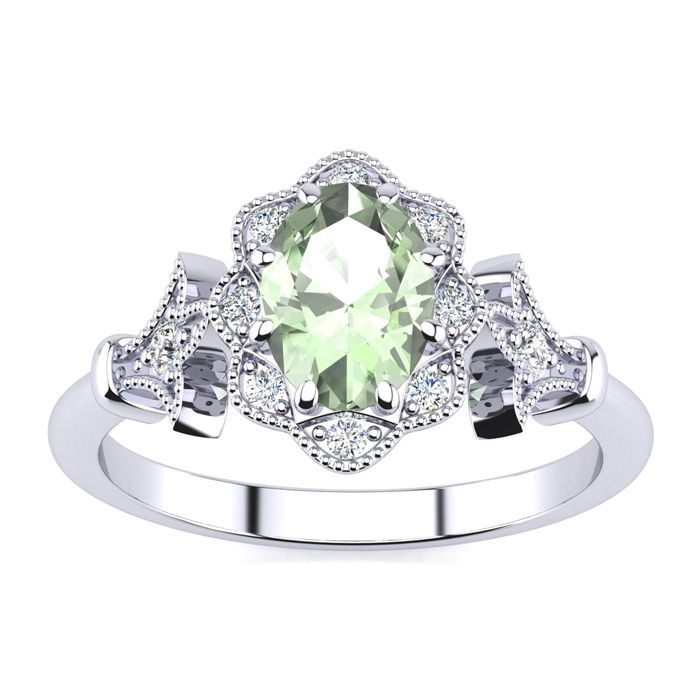 3/4 Carat Oval Shape Green Amethyst & Halo Diamond Vintage Ring in 1.4 Karat Gold (2.3 g)â¢ (, ), Size 4 by SuperJeweler