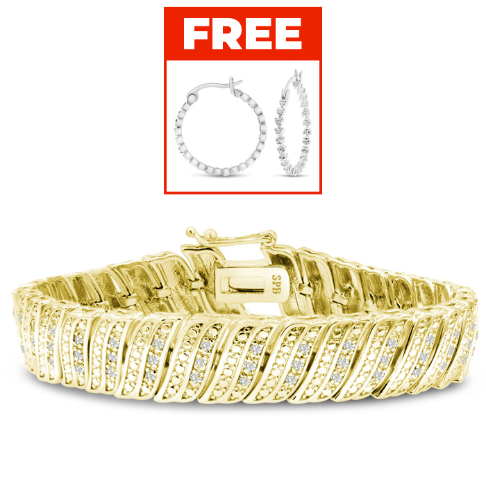 1 Carat Diamond Wave Bracelet w/ Yellow Gold (24 g) Overlay, 7 Inches,  by SuperJeweler