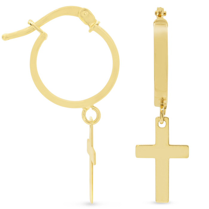 Classic Hoop Earrings w/ Dangle Cross in Yellow Gold, 1 Inch by SuperJeweler