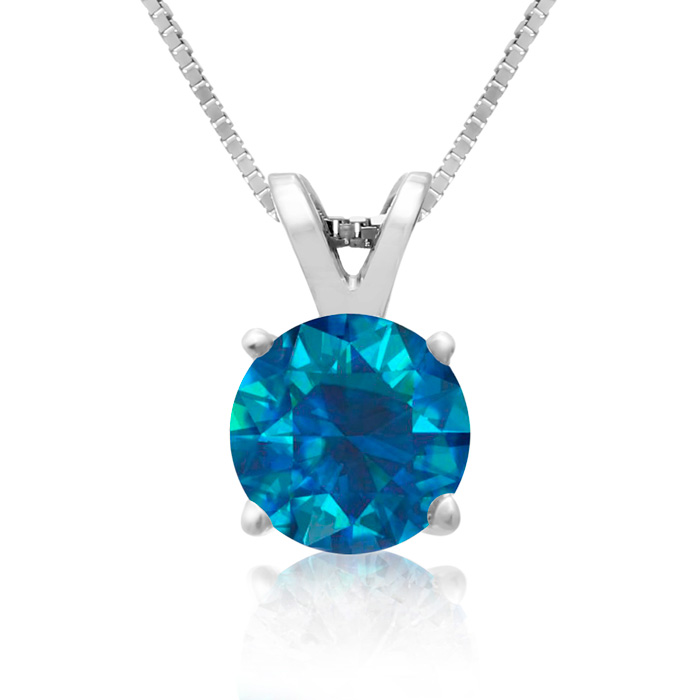 90 Point Blue Diamond Solitaire Necklace, Almost 1 Carat in 14K White Gold (1.8 Grams). First Time Offered Special Purchase, 18 Inch Chain by