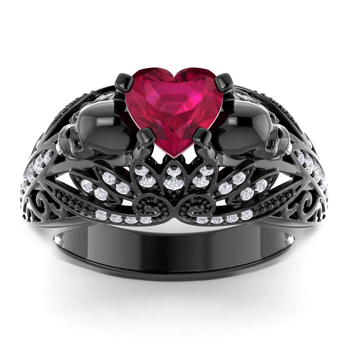 2 Carat Heart Shape Ruby & 58 Diamond Ring w/ Skulls in Black Rhodium, , Size 4 in Sterling Silver by SuperJeweler