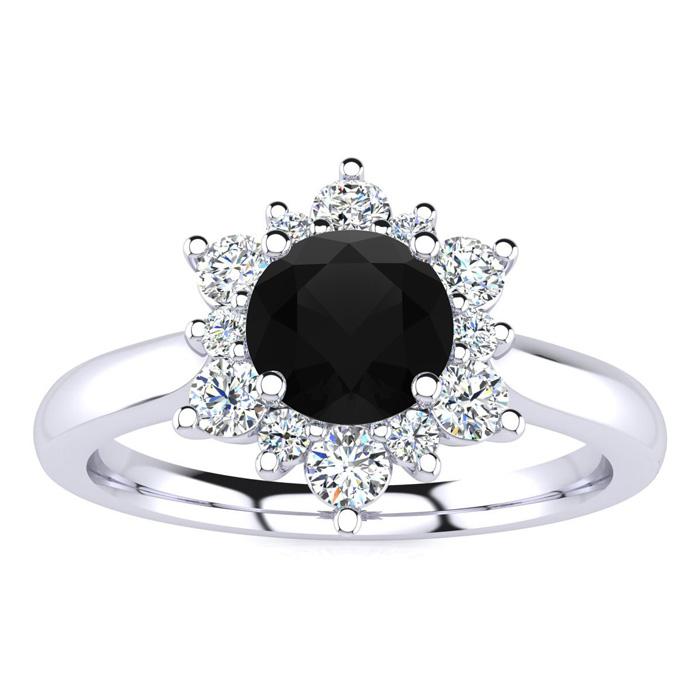 1.5 Carat Round Shape Flower Halo Black Moissanite Engagement Ring in 14K White Gold (4 g), E/F Color, Size 4 by SuperJeweler