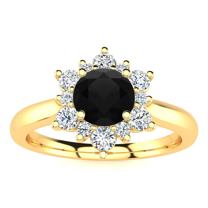 1.5 Carat Round Shape Flower Halo Black Moissanite Engagement Ring In 14K Yellow Gold (4 G) By SuperJeweler