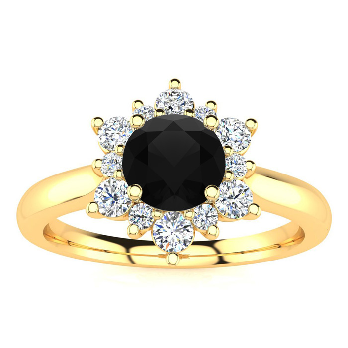 1.5 Carat Round Shape Flower Halo Black Moissanite Engagement Ring in 14K Yellow Gold (4 g), E/F Color, Size 4 by SuperJeweler