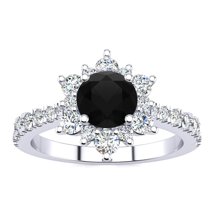 2 Carat Round Shape Flower Halo Black Moissanite Engagement Ring in 14K White Gold (4 g), E/F Color, Size 4 by SuperJeweler