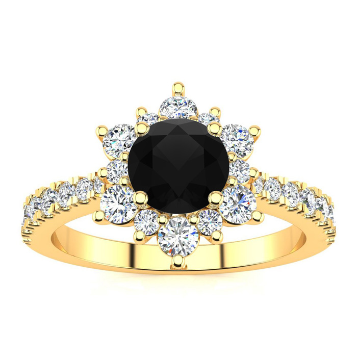2 Carat Round Shape Flower Halo Black Moissanite Engagement Ring In 14K Yellow Gold (4 G) By SuperJeweler