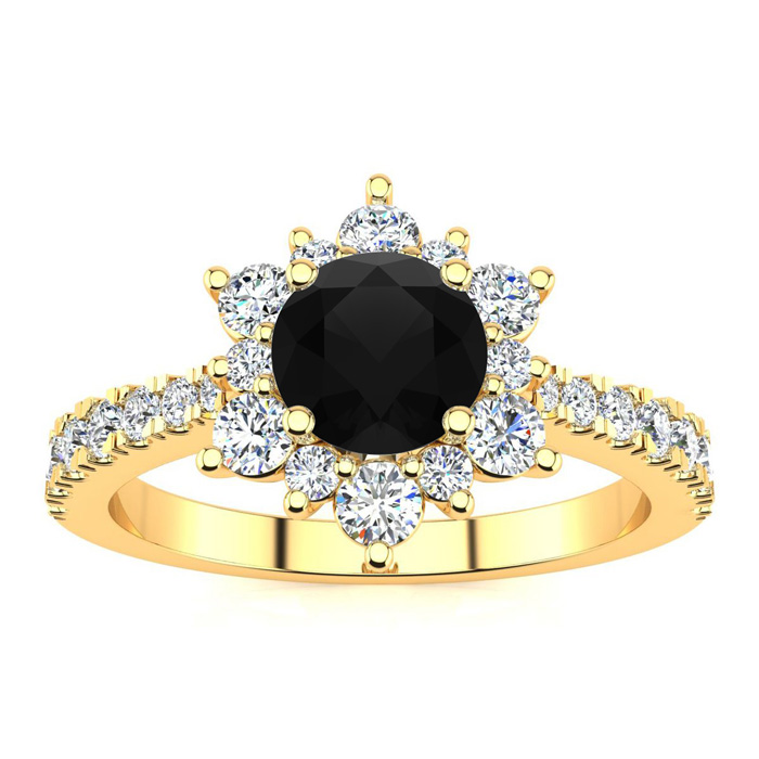 2 Carat Round Shape Flower Halo Black Moissanite Engagement Ring in 14K Yellow Gold (4 g), E/F Color, Size 4 by SuperJeweler