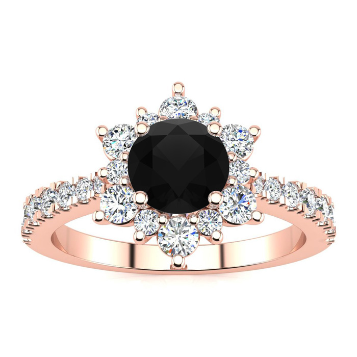 2 Carat Round Shape Flower Halo Black Moissanite Engagement Ring in 14K Rose Gold (4 g), E/F Color, Size 4 by SuperJeweler