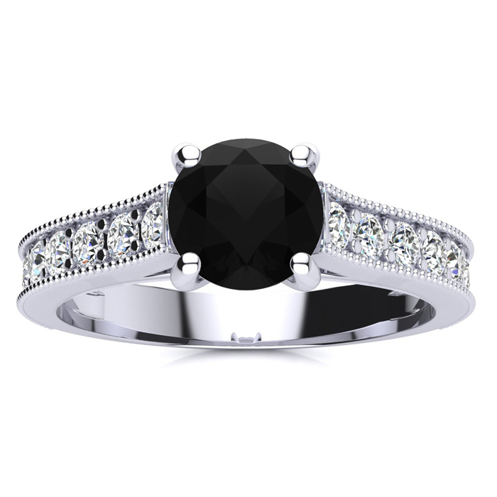 1.5 Carat Round Shape Black Moissanite Engagement Ring in 14K White Gold (3.70 g), Size 4 by SuperJeweler