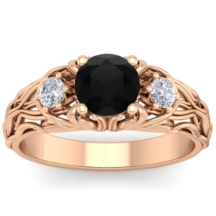 1.25 Carat Round Shape Black Moissanite Intricate Vine Engagement Ring in 14K Rose Gold (4 g), Size 4 by SuperJeweler