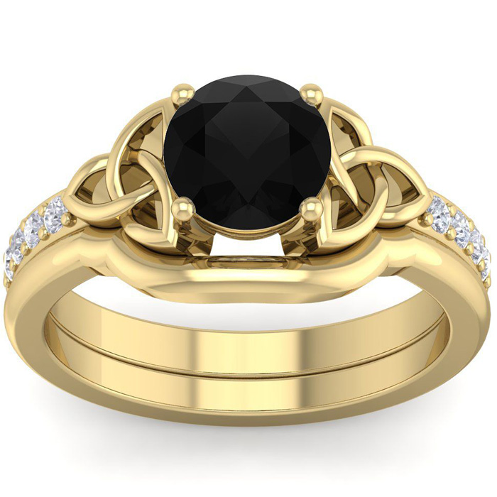 1 Carat Round Black Moissanite Claddagh Bridal Ring Set In 14K Yellow Gold (6 G), Size 4 By SuperJeweler