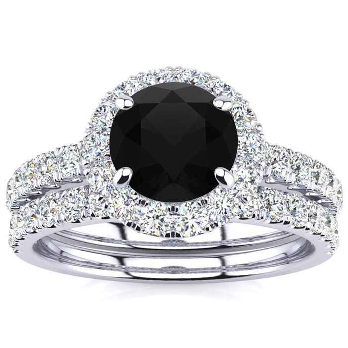 2 Carat Round Black Moissanite Halo Bridal Ring Set In 14K White Gold (5.80 G), Size 4 By SuperJeweler