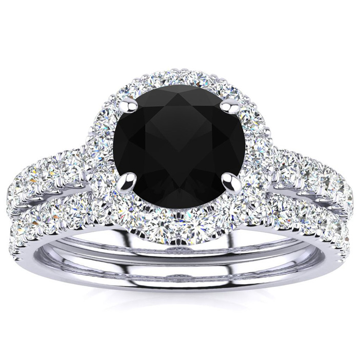 2 Carat Round Black Moissanite Halo Bridal Ring Set in 14K White Gold (5.80 g), Size 4 by SuperJeweler