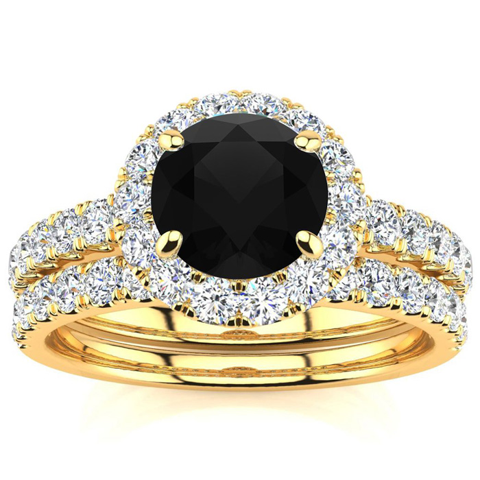 2 Carat Round Black Moissanite Halo Bridal Ring Set In 14K Yellow Gold (5.80 G), Size 4 By SuperJeweler